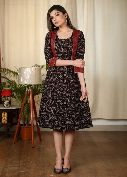 Black Ajrakh cotton dress with maroon cotton jacket