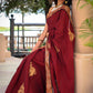 Maroon cotton saree with exclusive embroidered motifs and banarasi border