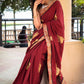 Maroon cotton saree with exclusive embroidered motifs and banarasi border