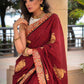 Maroon cotton saree with exclusive embroidered motifs and banarasi border