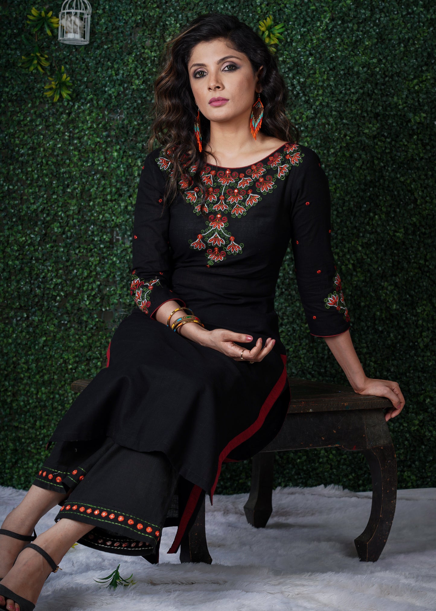 Black  Cotton Kurta with embroidery on yoke & sleeves  with Pant and Dupatta