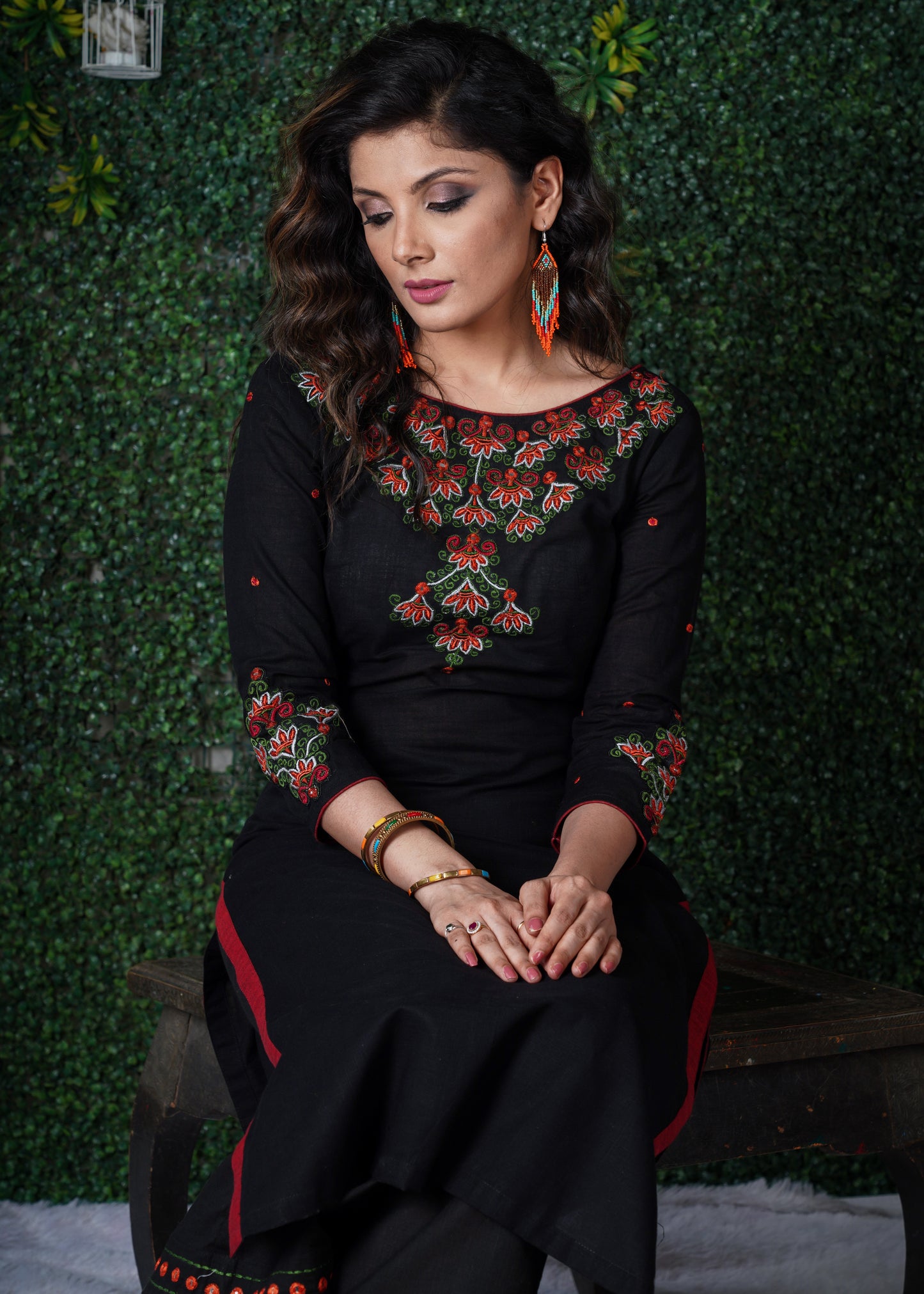 Black  Cotton Kurta with embroidery on yoke & sleeves  with Pant and Dupatta