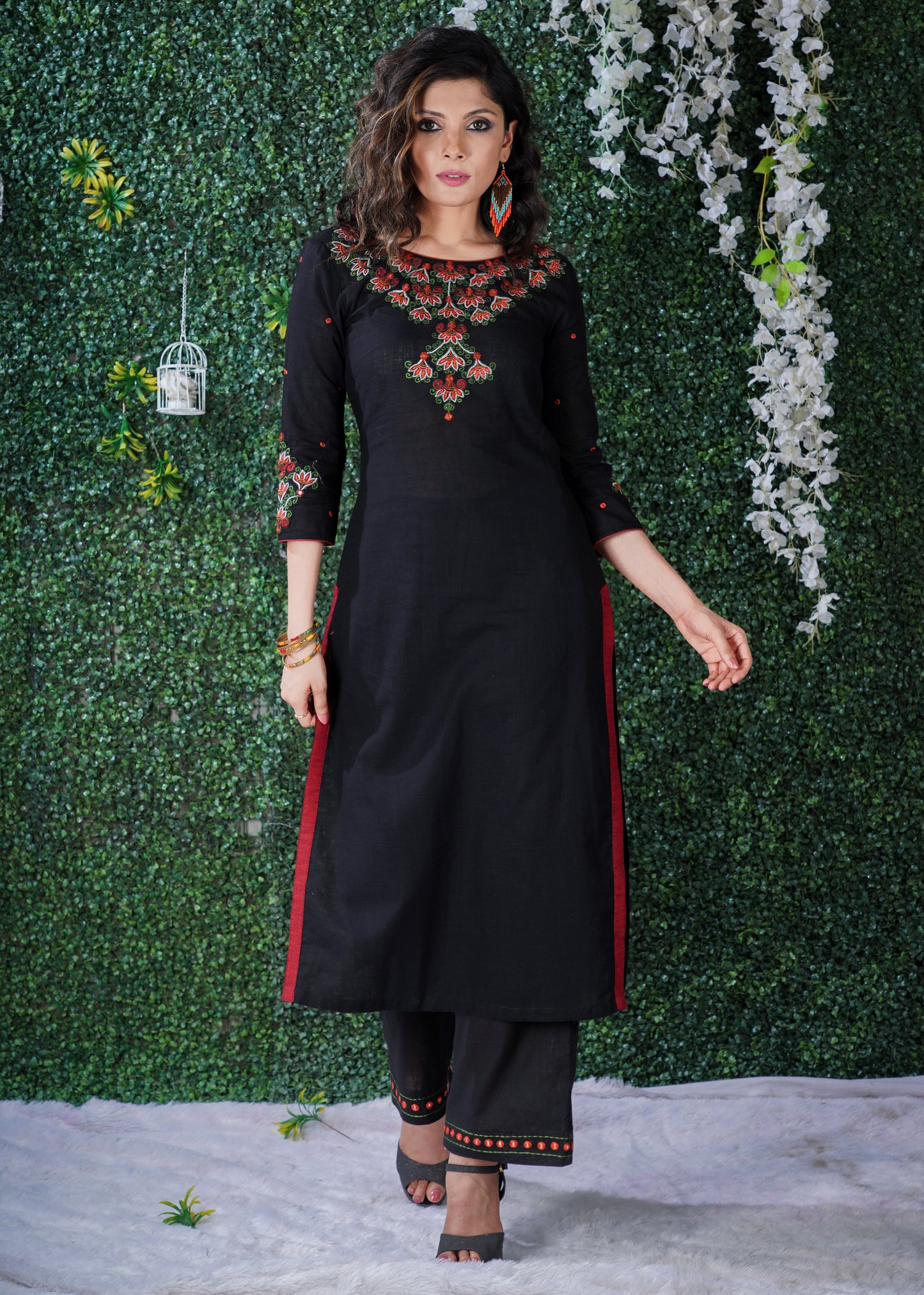 Black  Cotton Kurta with embroidery on yoke & sleeves  with Pant and Dupatta