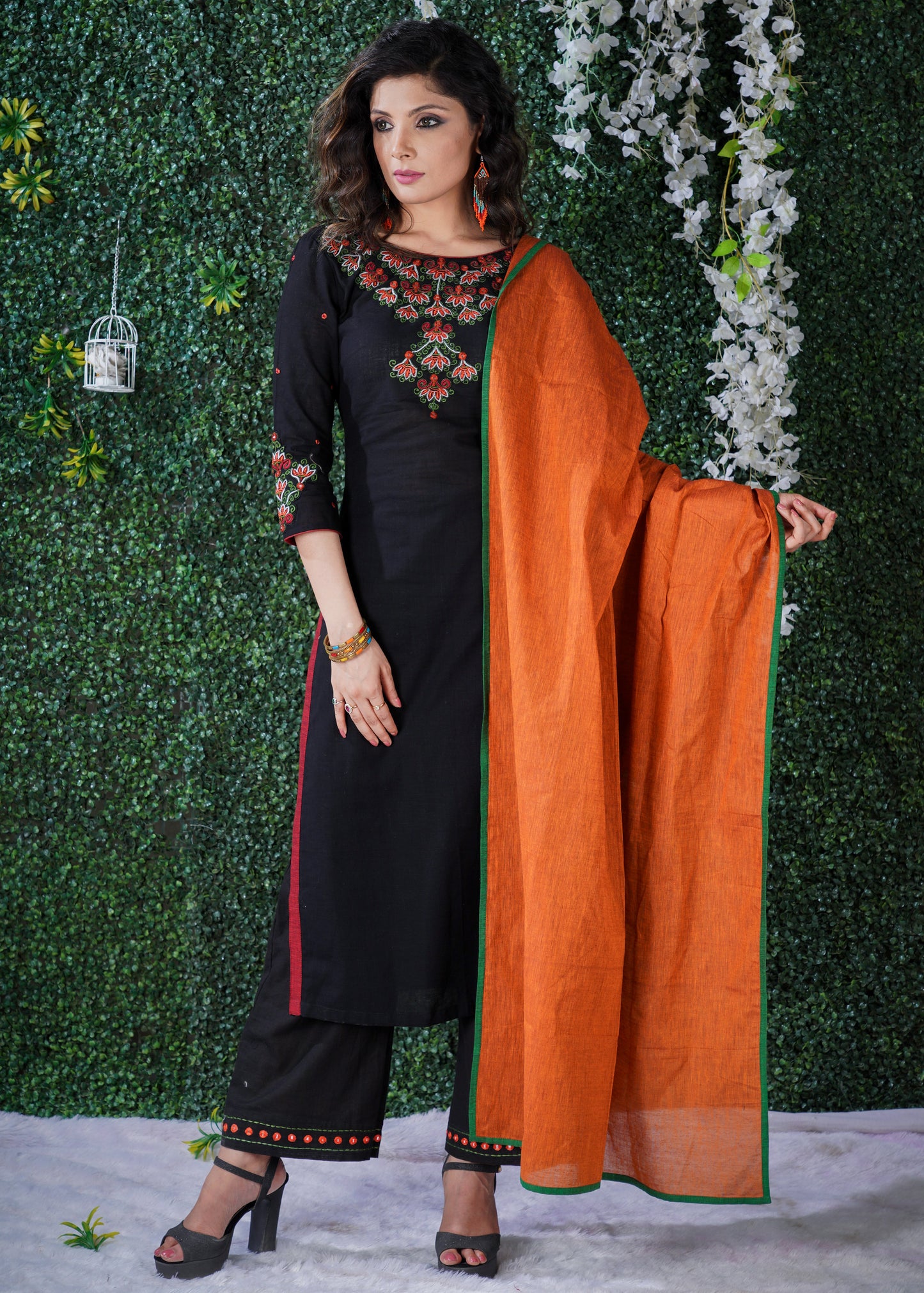 Black  Cotton Kurta with embroidery on yoke & sleeves  with Pant and Dupatta