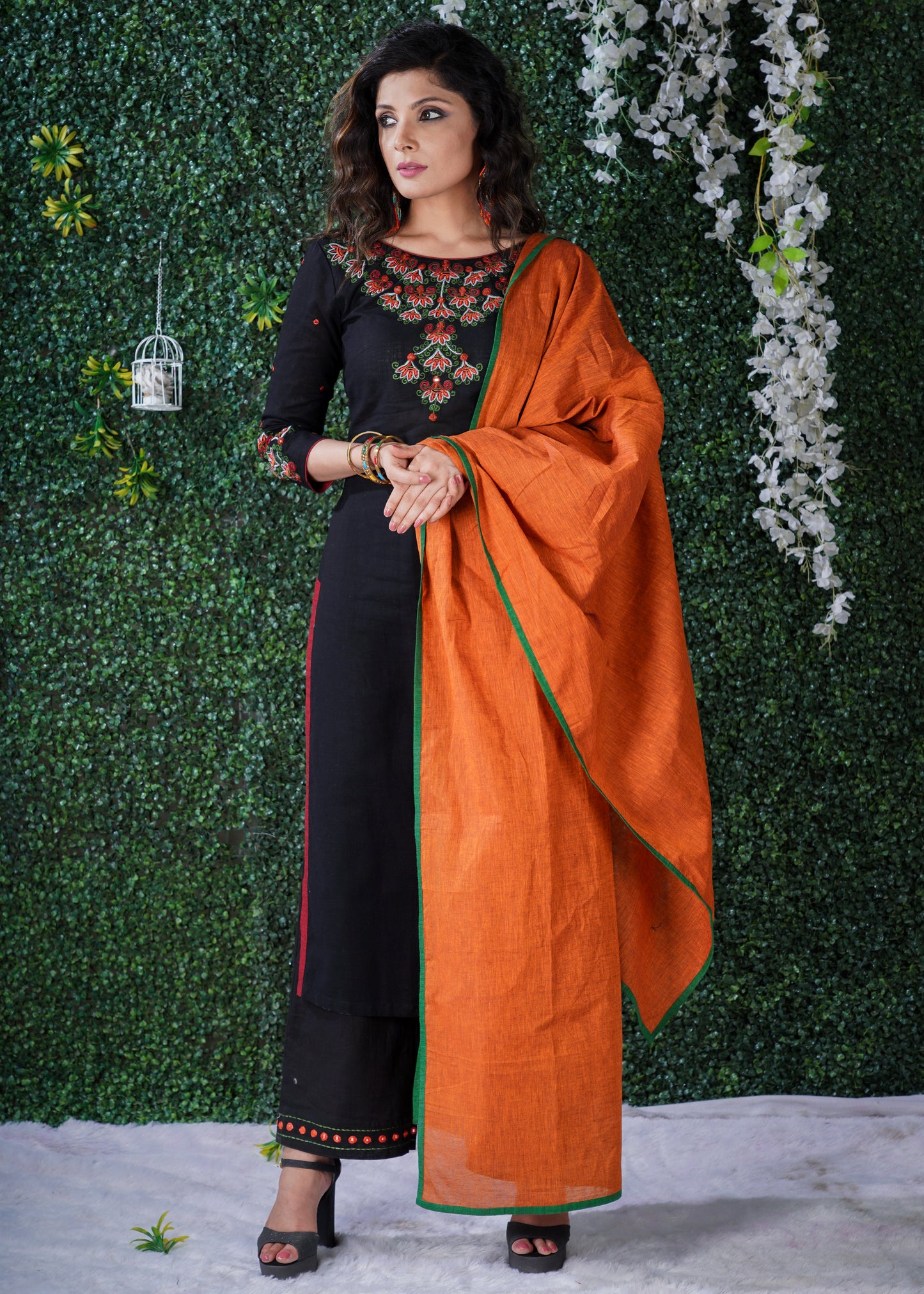 Black  Cotton Kurta with embroidery on yoke & sleeves  with Pant and Dupatta