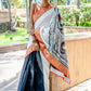 Exquisite white and black Chanderi handpainted saree with banarasi border