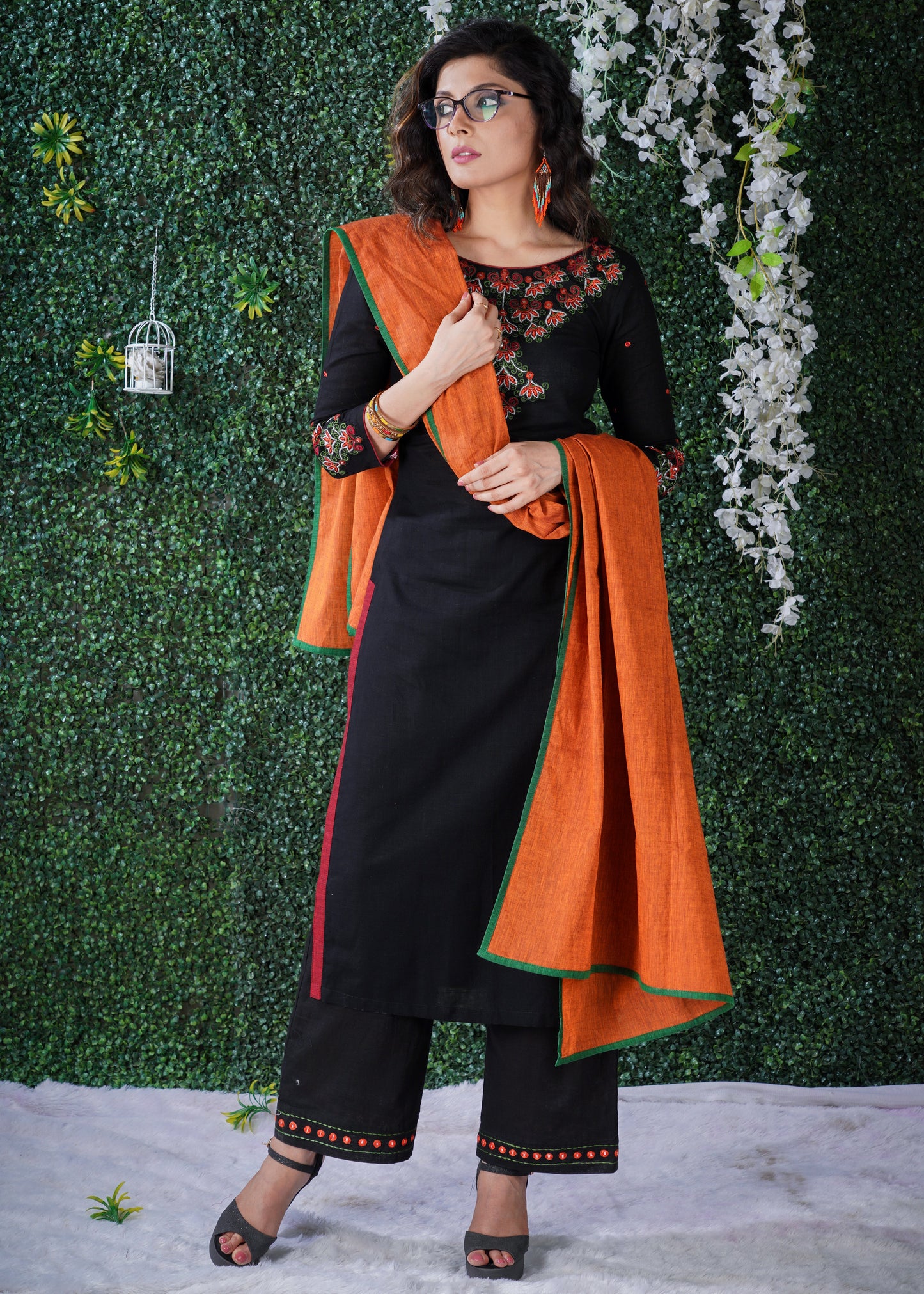 Black  Cotton Kurta with embroidery on yoke & sleeves  with Pant and Dupatta