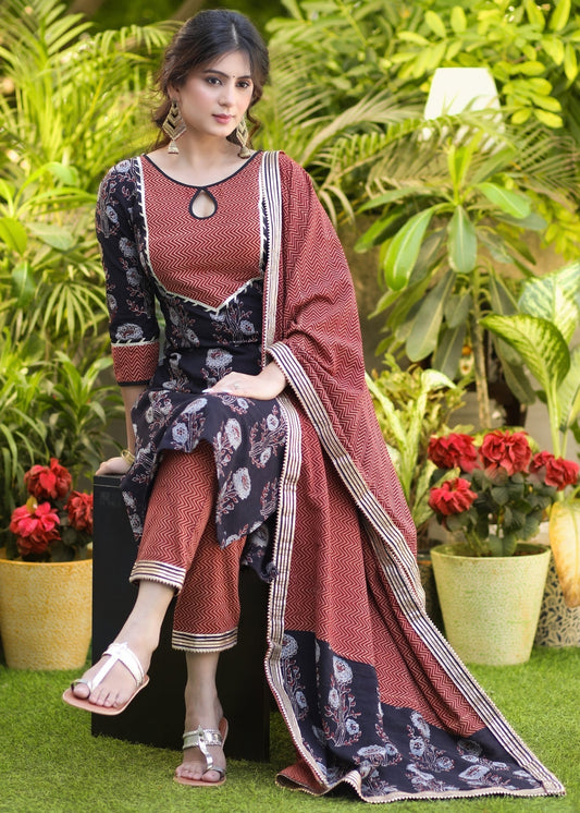 Elegant Cotton Ajrakh Combination Gota Lace Kurta with Pant - Dupatta Optional