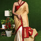 Exclusive off-white Cotton silk with gold brocade saree & Zari motif on pleats