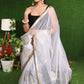 Beautiful white Organza saree with golden classy Zari embroidery & border