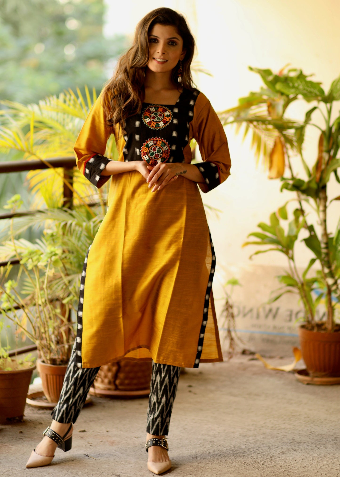 Straight cut Mustard cotton silk Kurta with ikat and Hand-made Kutch mirror embroidery