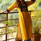 Straight cut Mustard cotton silk Kurta with ikat and Hand-made Kutch mirror embroidery