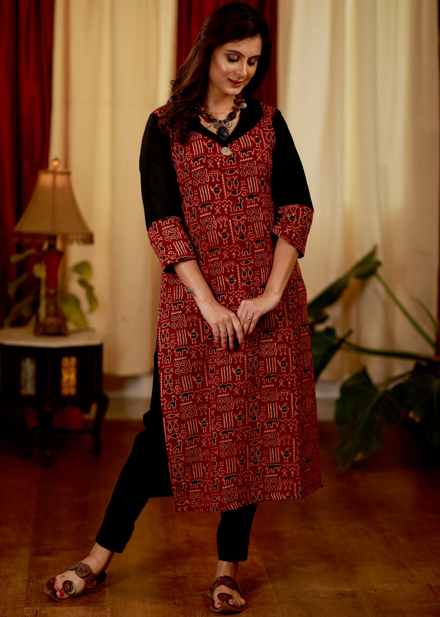 Straight Cut  Cotton Ajrakh Kurta with Smart Collars