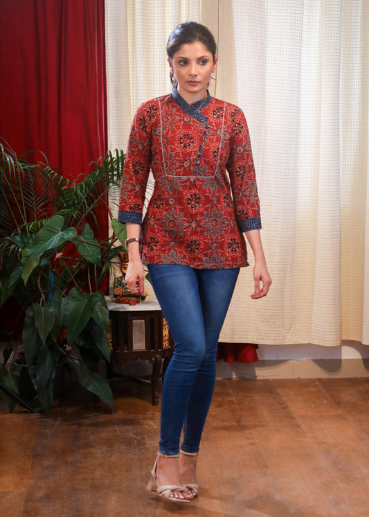 Ajrakh Printed Designer Smart Collared Top