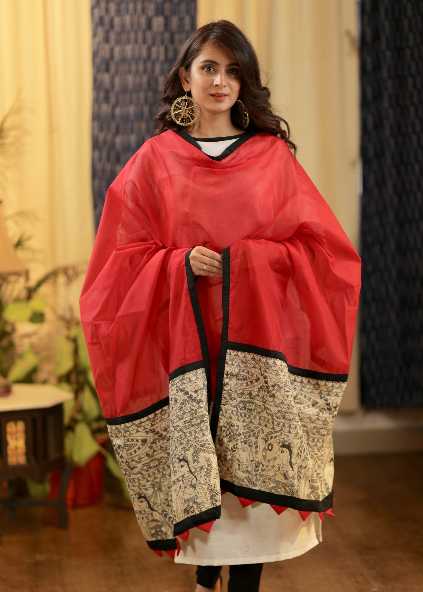 Red Chanderi Dupatta With Madhubani work and Tassles