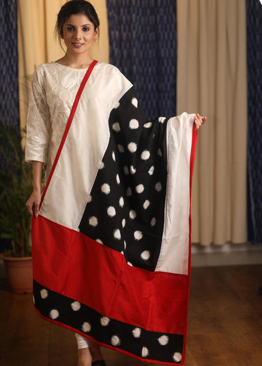 White Chanderi and Ikat Combination Dupatta