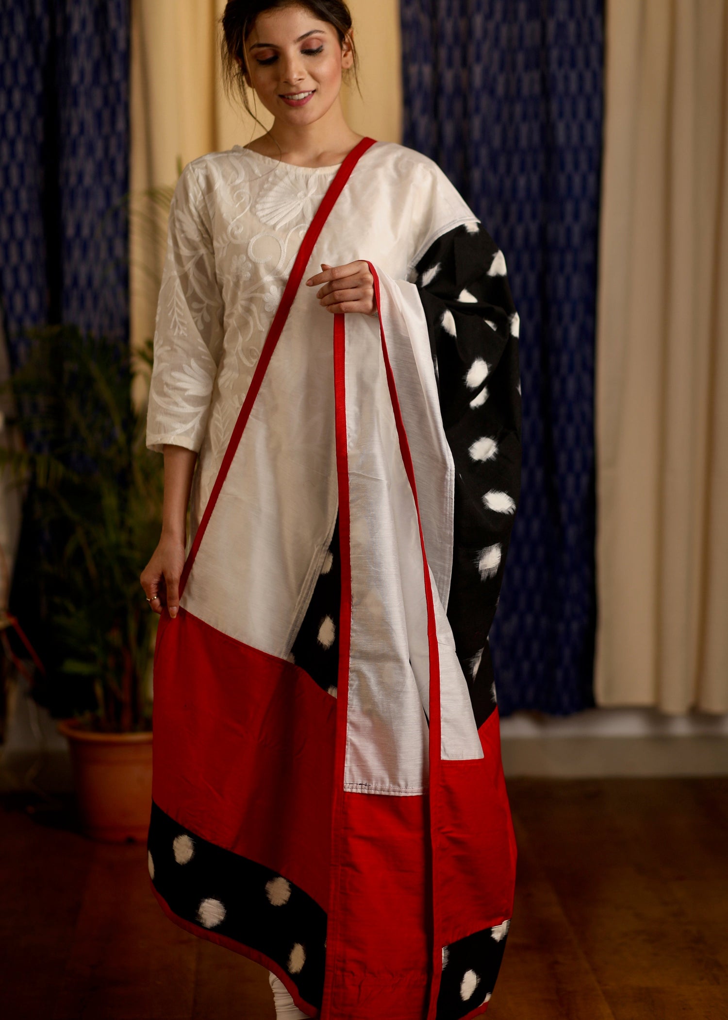 White Chanderi and Ikat Combination Dupatta