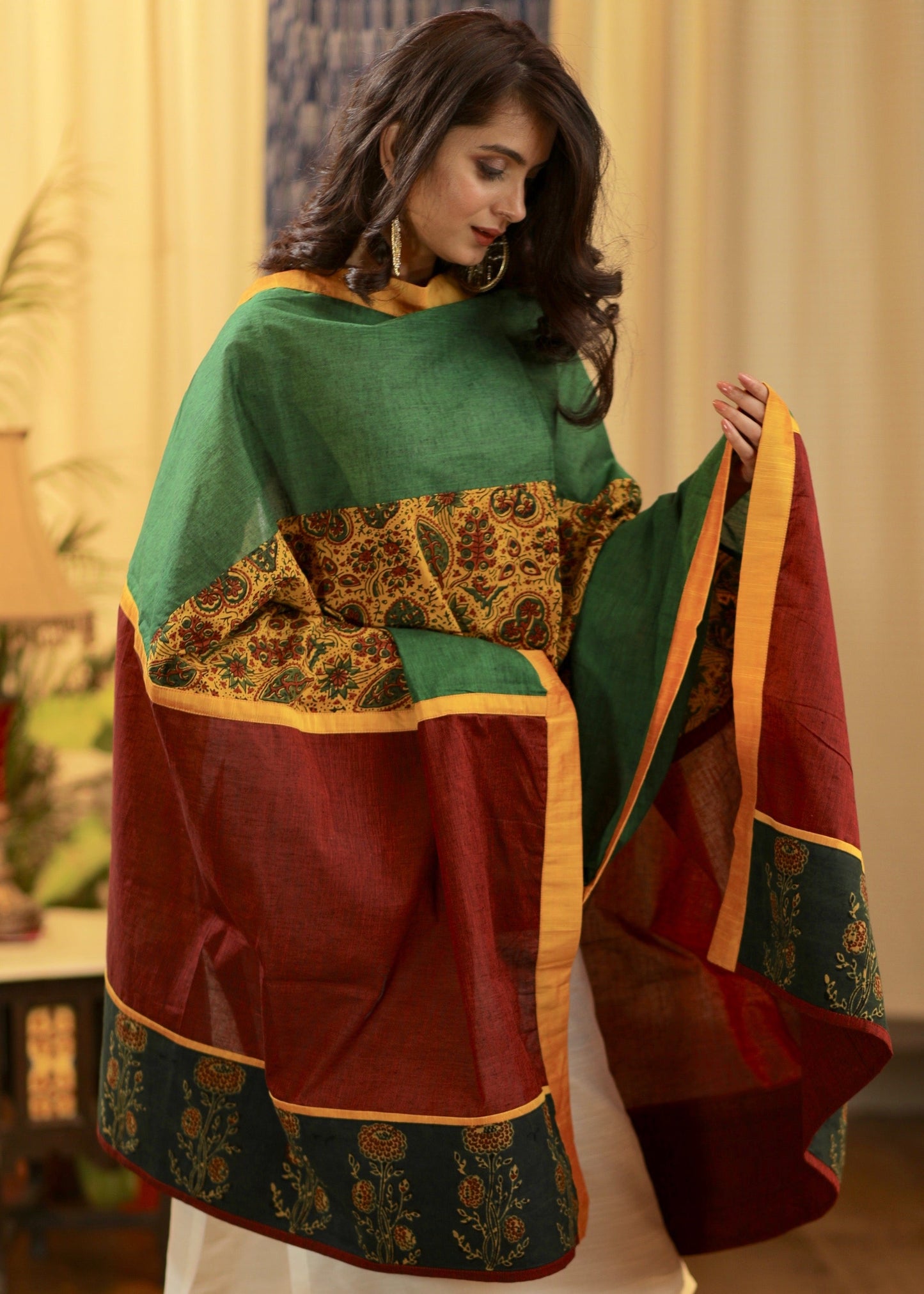 Green Handloom Cotton Dupatta with Ajrakh In the middle and on borders