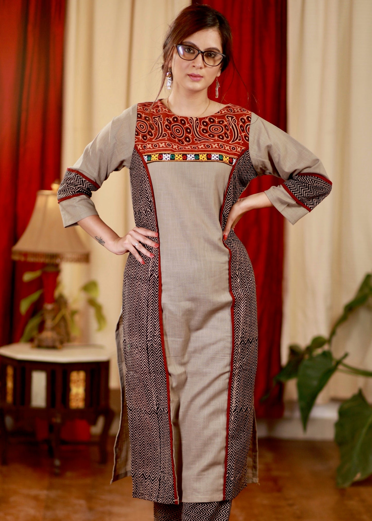 Straight cut Cotton Ajrakh kurta with Contrast Yoke and Hand Made Kutch Mirror work