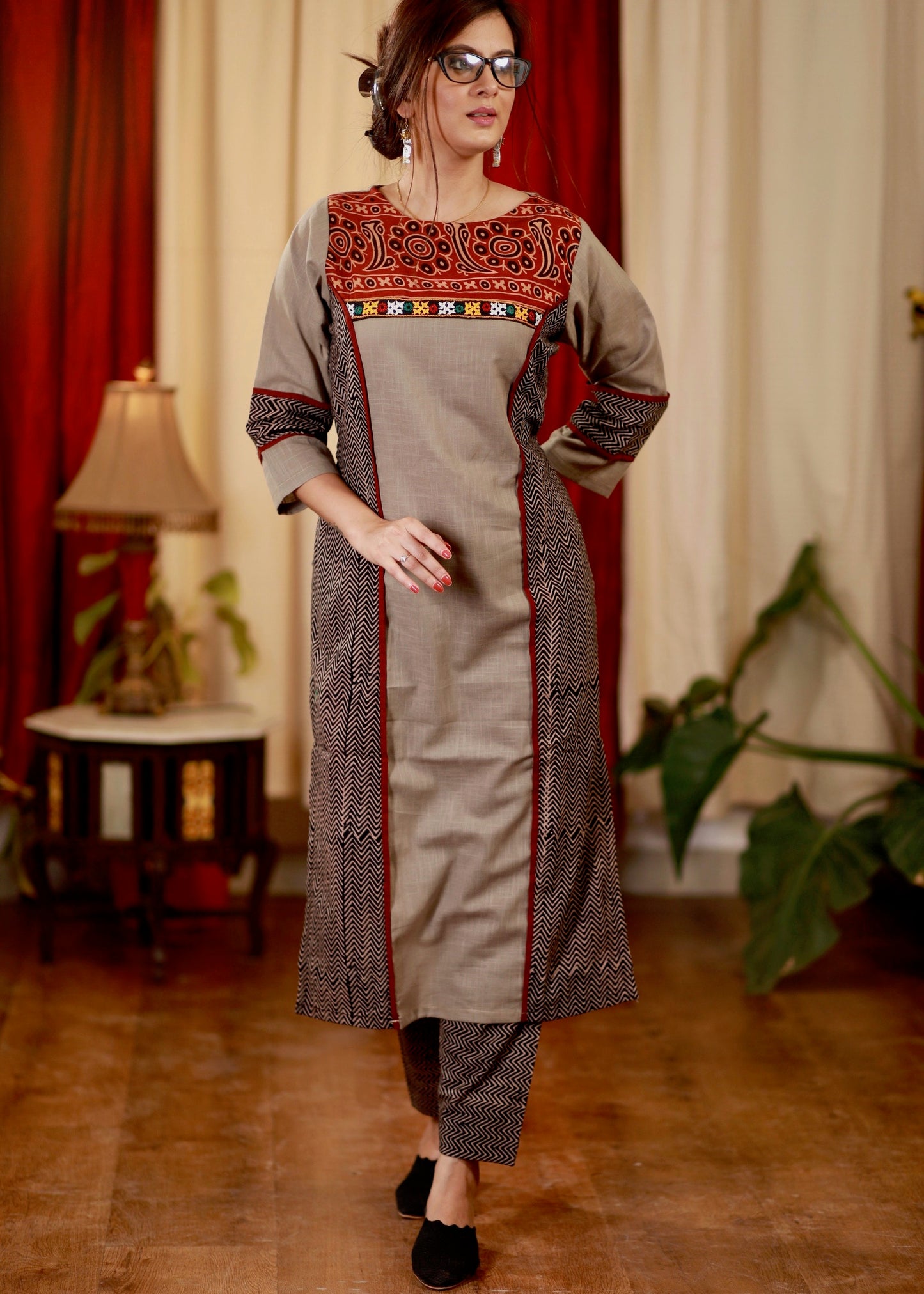 Straight cut Cotton Ajrakh kurta with Contrast Yoke and Hand Made Kutch Mirror work