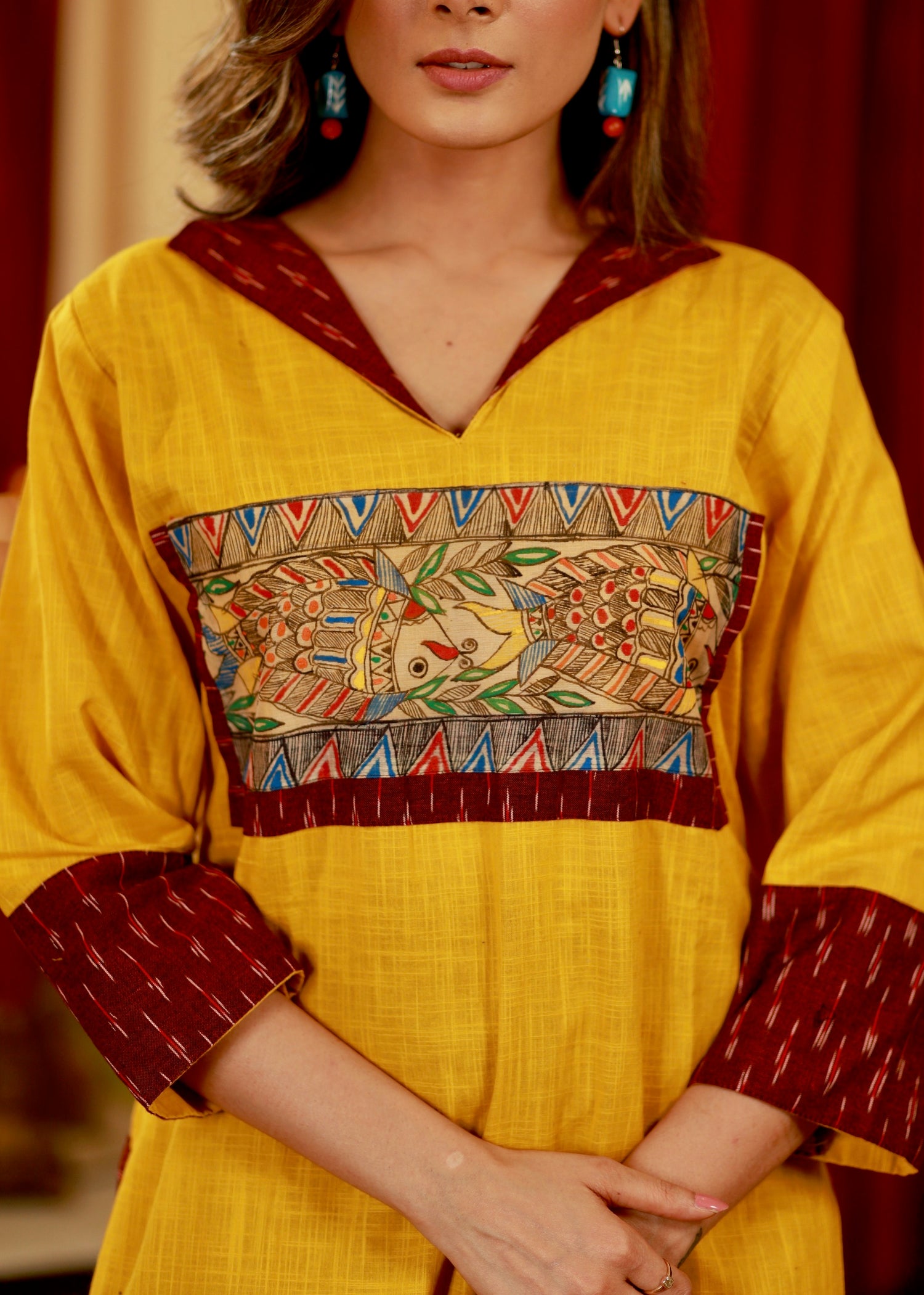 Straight Cut Cotton Handloom Kurta with Hand painted Madhubani Yoke and Ikat Detail