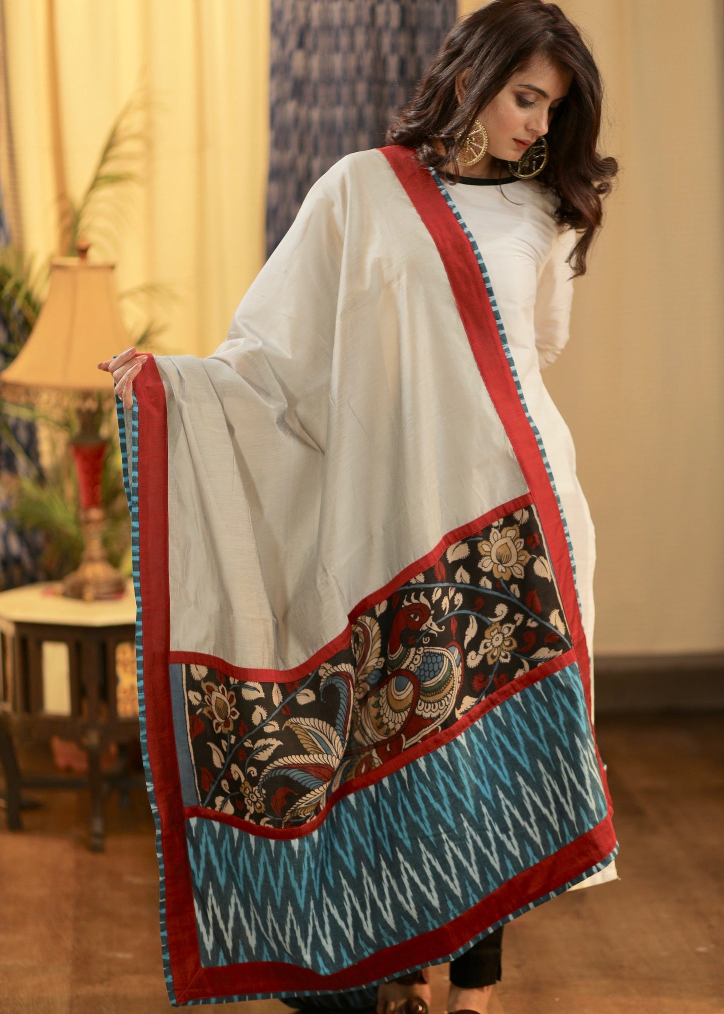 Grey Chanderi Dupatta with Handpainted Kalamkari and Ikat Border