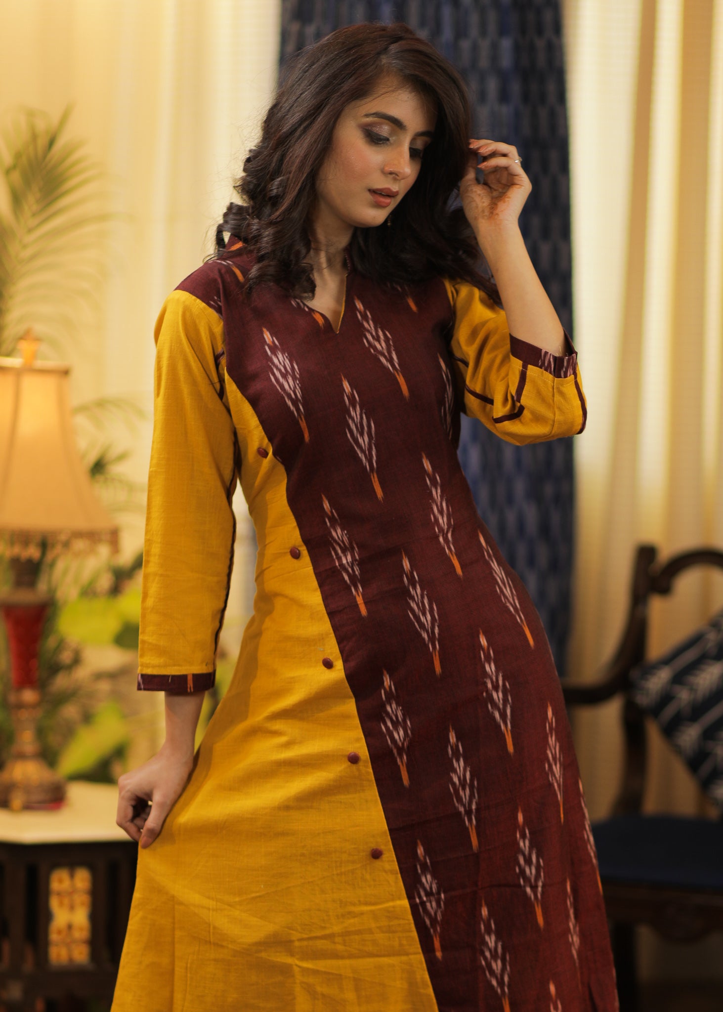 A-line Cotton Handloom Kurta with contrasting Ikat Combination