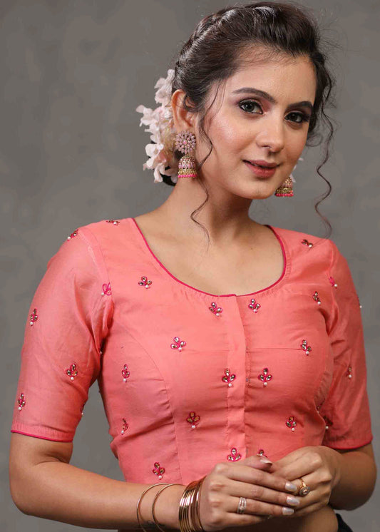 Elegant Peach Chanderi Blouse with Overall Embroidered Motifs Highlighted with Rhombus Cutout Pattern on The Back