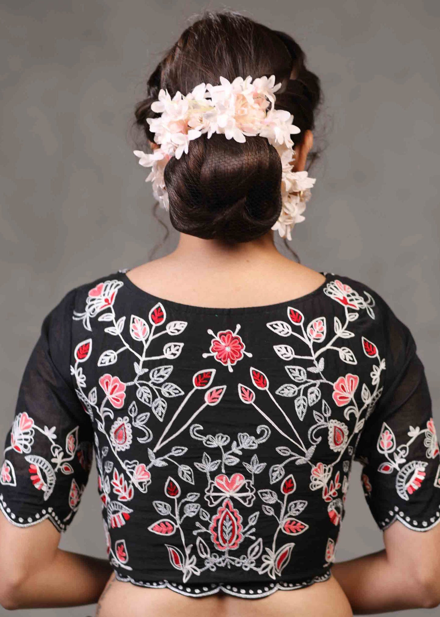 Classy Scalloped Floral Embroidered Cotton Silk Blouse with Chanderi Sleeves