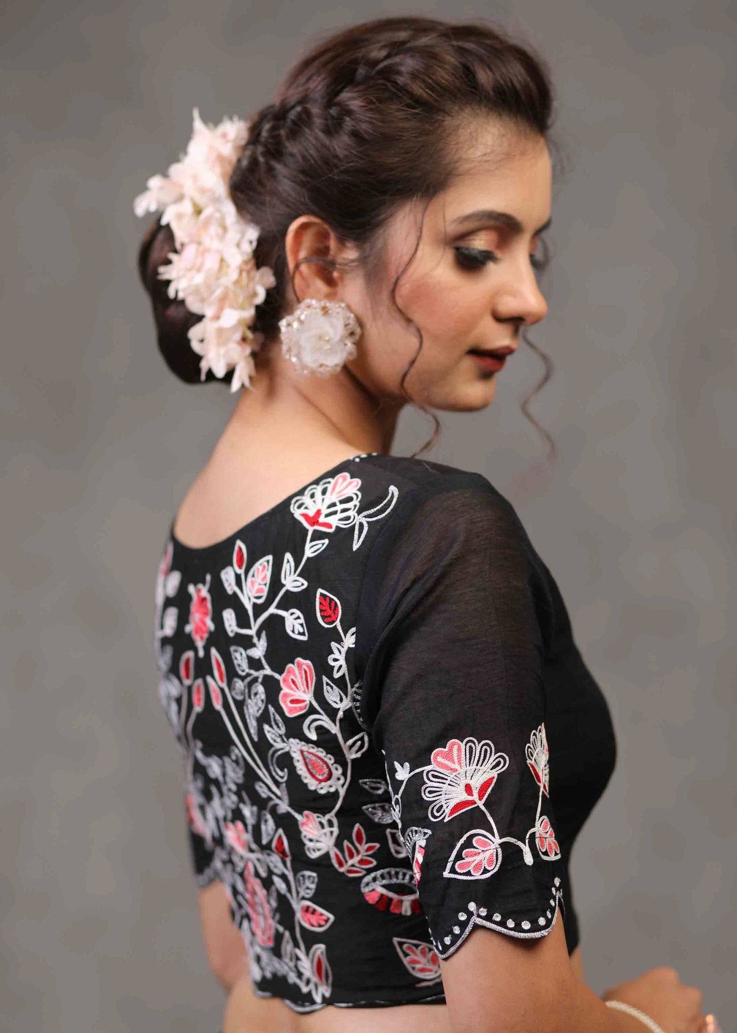 Classy Scalloped Floral Embroidered Cotton Silk Blouse with Chanderi Sleeves