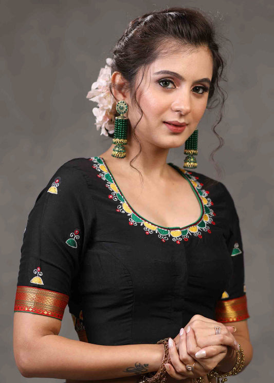 Elegant Black Cotton Silk Blouse with Beautiful Sparrow Embroidery on The Back