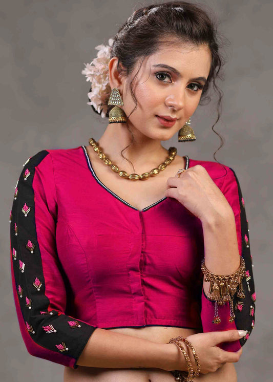 Elegant Magenta Cotton Silk Blouse with Black Patchwork Embroidered Sleeves