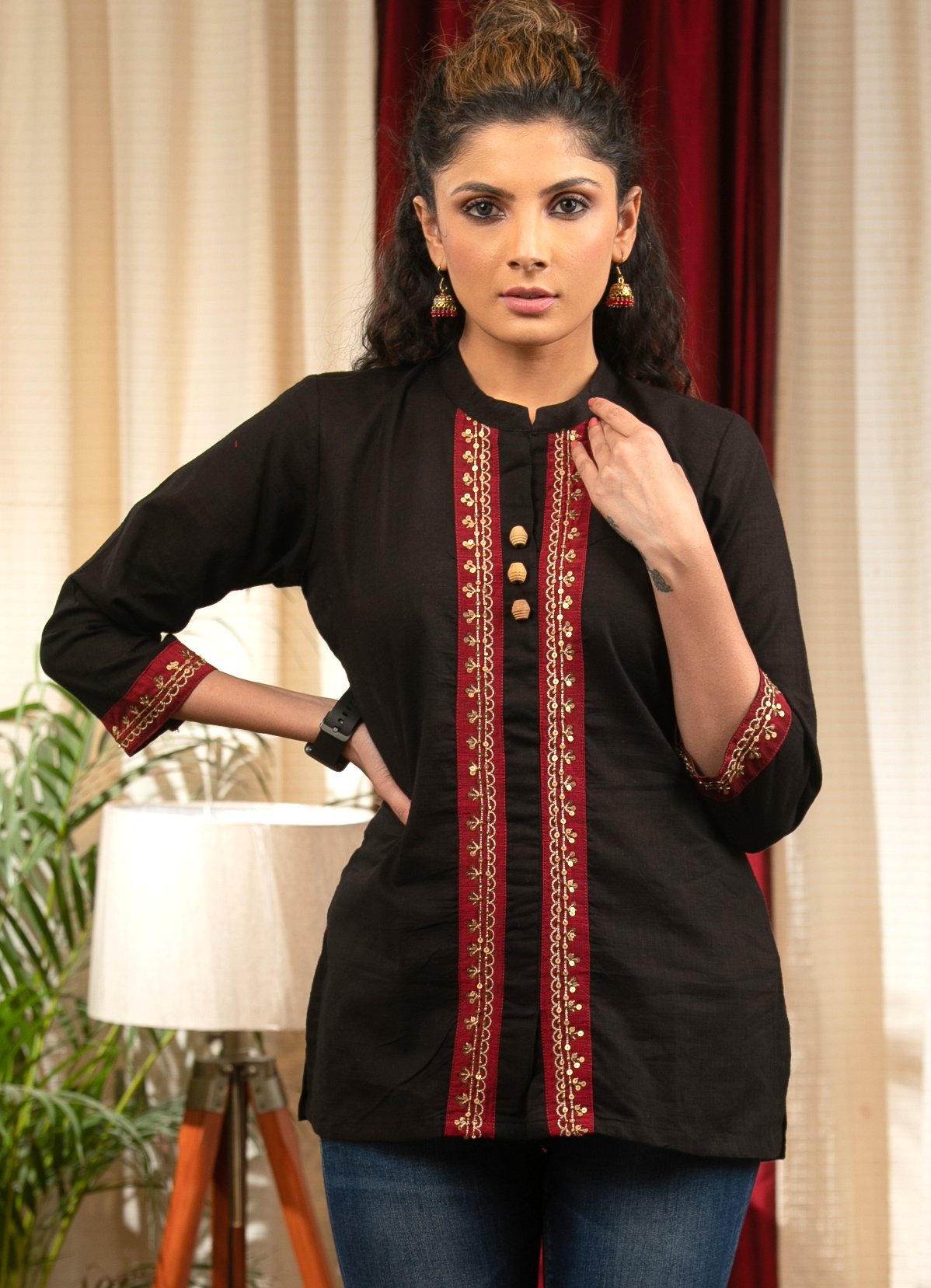 Black cotton top with elegant hand embroidery