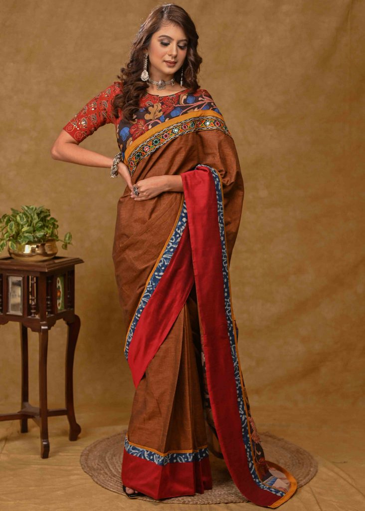 Classy Rust Cotton Saree with Maroon Cotton Silk Border and Kalamkari Pallu