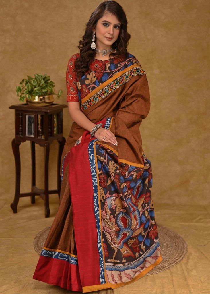 Classy Rust Cotton Saree with Maroon Cotton Silk Border and Kalamkari Pallu