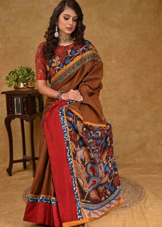 Classy Rust Cotton Saree with Maroon Cotton Silk Border and Kalamkari Pallu