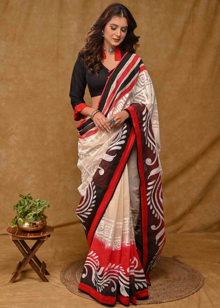 Cream Cotton Saree with Beautiful Red and Black Alpana Painting