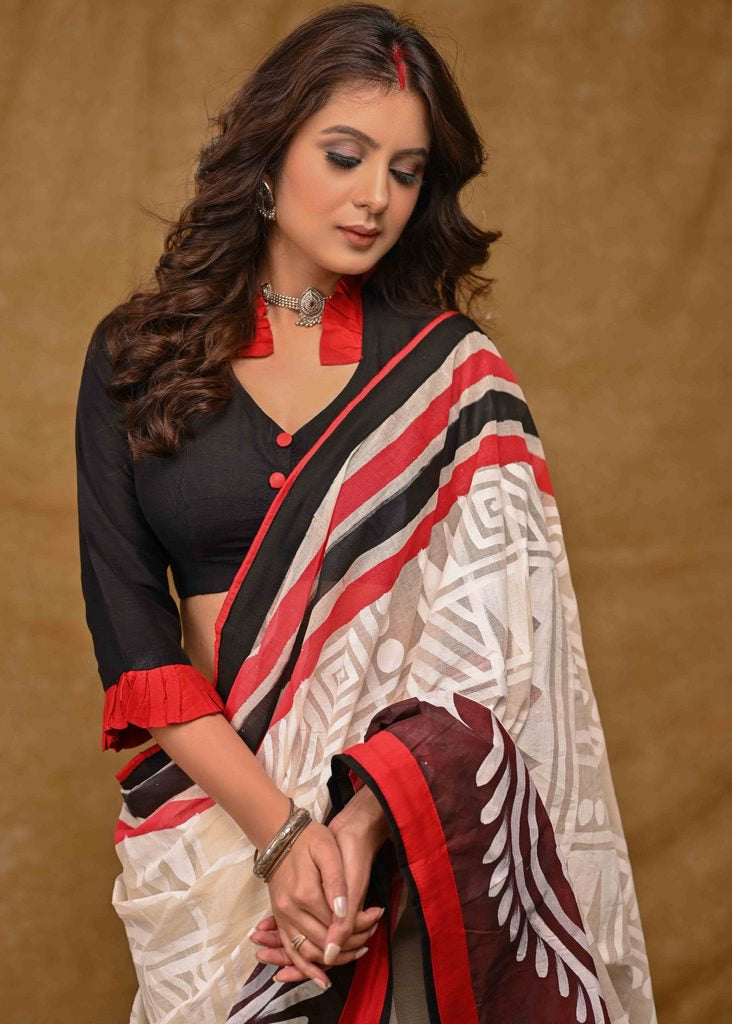 Cream Cotton Saree with Beautiful Red and Black Alpana Painting