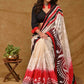 Cream Cotton Saree with Beautiful Red and Black Alpana Painting