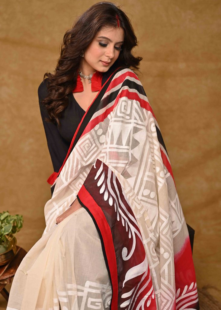 Cream Cotton Saree with Beautiful Red and Black Alpana Painting