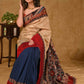 Stylish Blue Cotton Saree with Tussar Silk Pallu and Kalamkari Painting with Maroon Cotton Silk Border