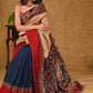 Stylish Blue Cotton Saree with Tussar Silk Pallu and Kalamkari Painting with Maroon Cotton Silk Border