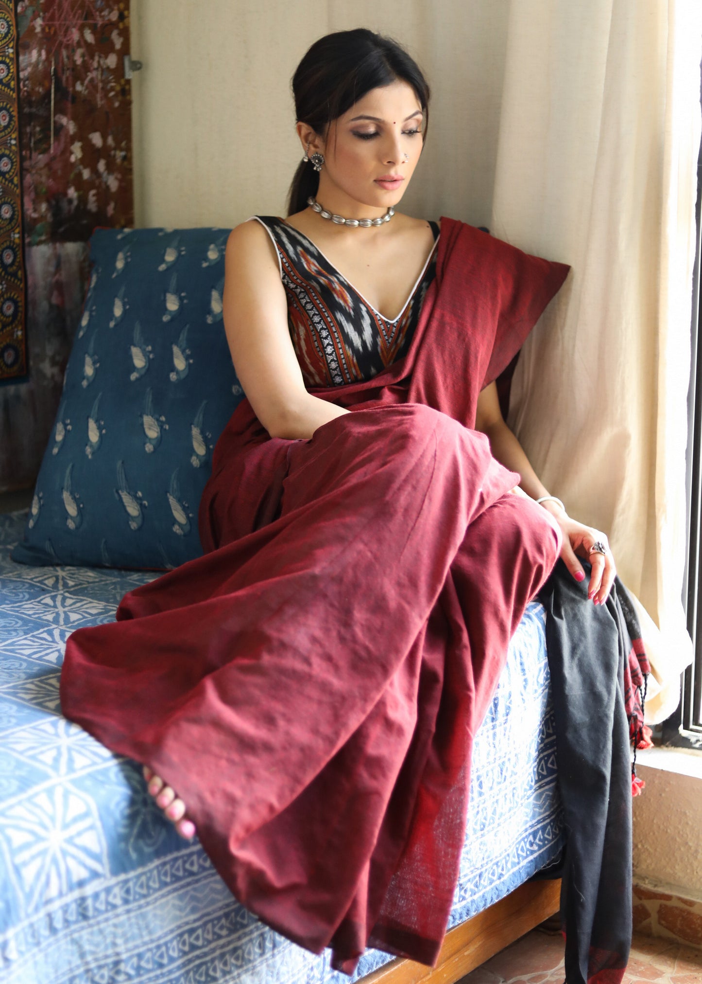 Lightweight maroon & black combination Cotton saree with Ikat blouse