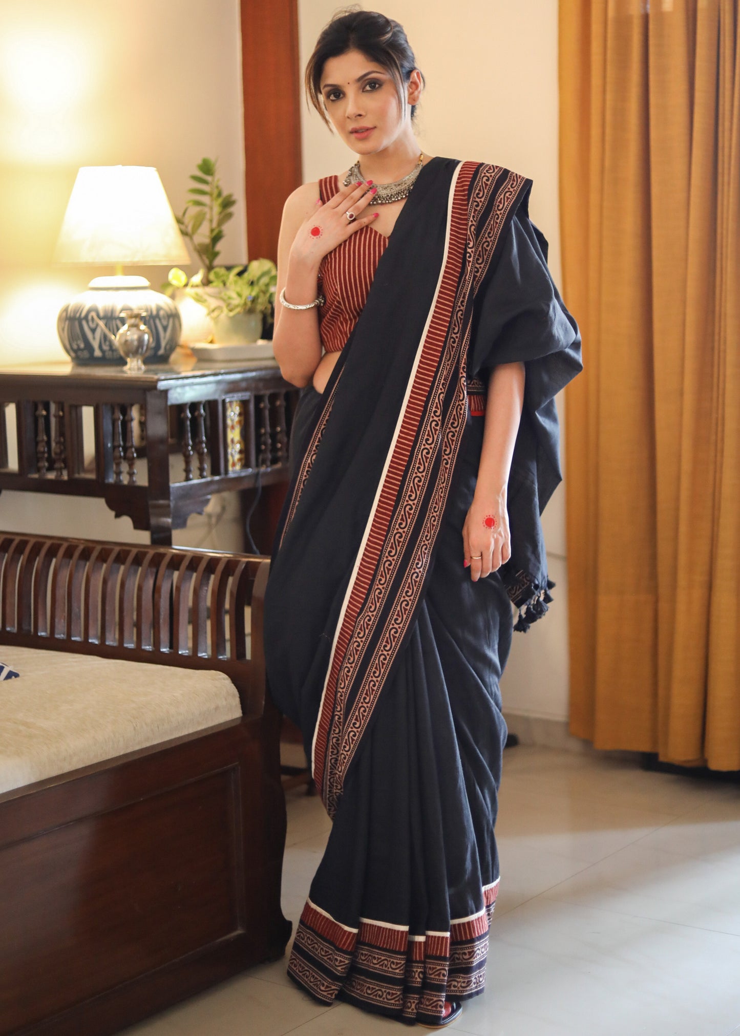 Beautiful black Cotton saree with exclusive Ajrakh border