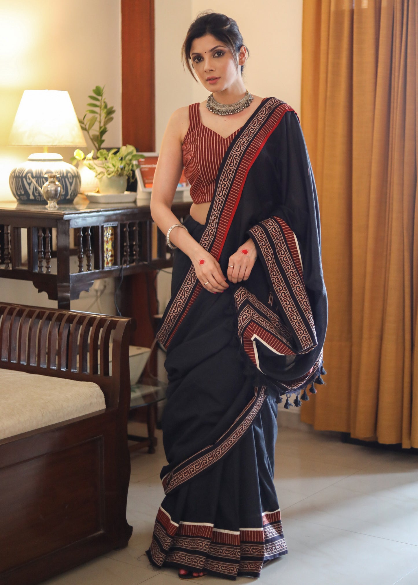 Beautiful black Cotton saree with exclusive Ajrakh border