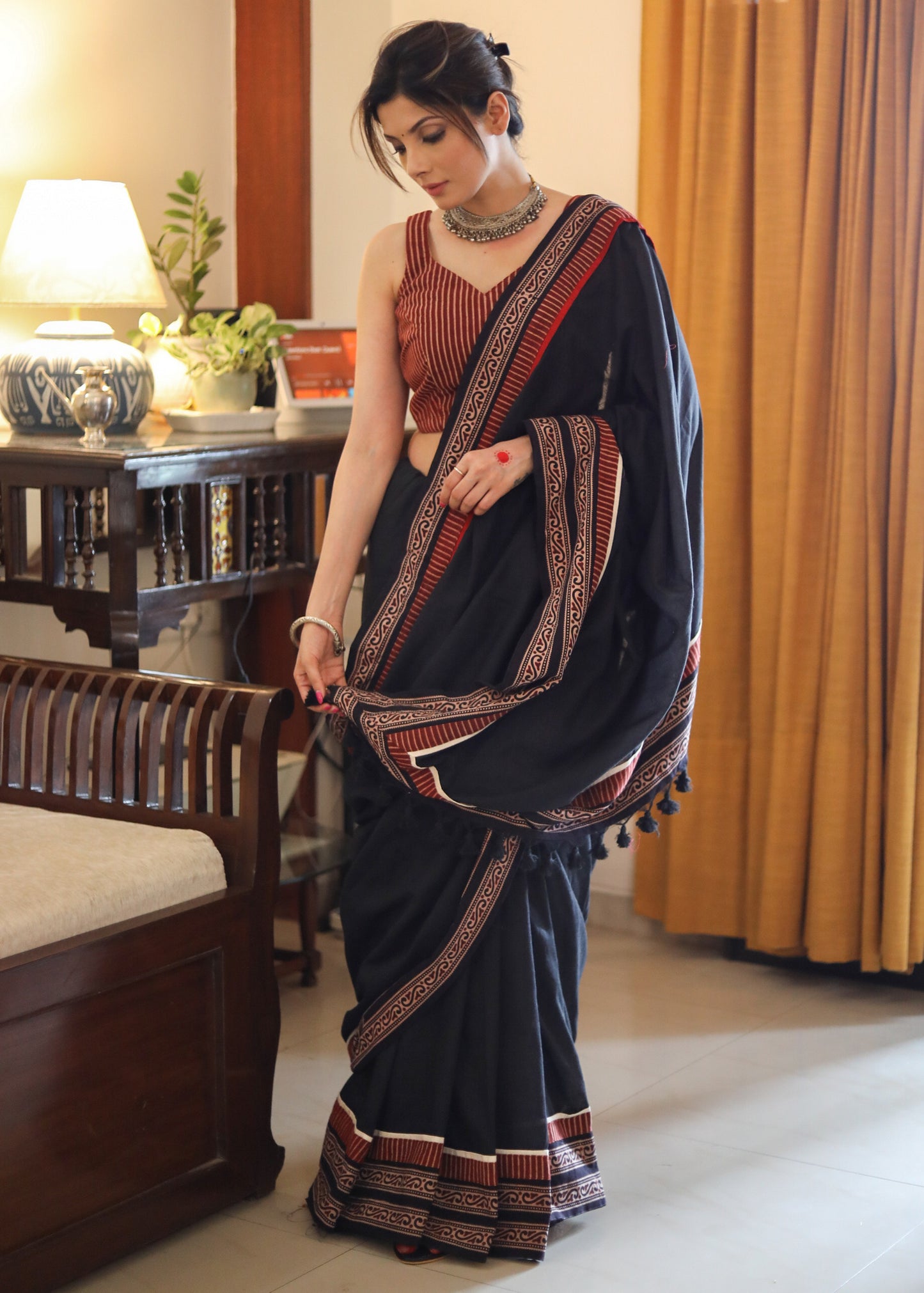 Beautiful black Cotton saree with exclusive Ajrakh border