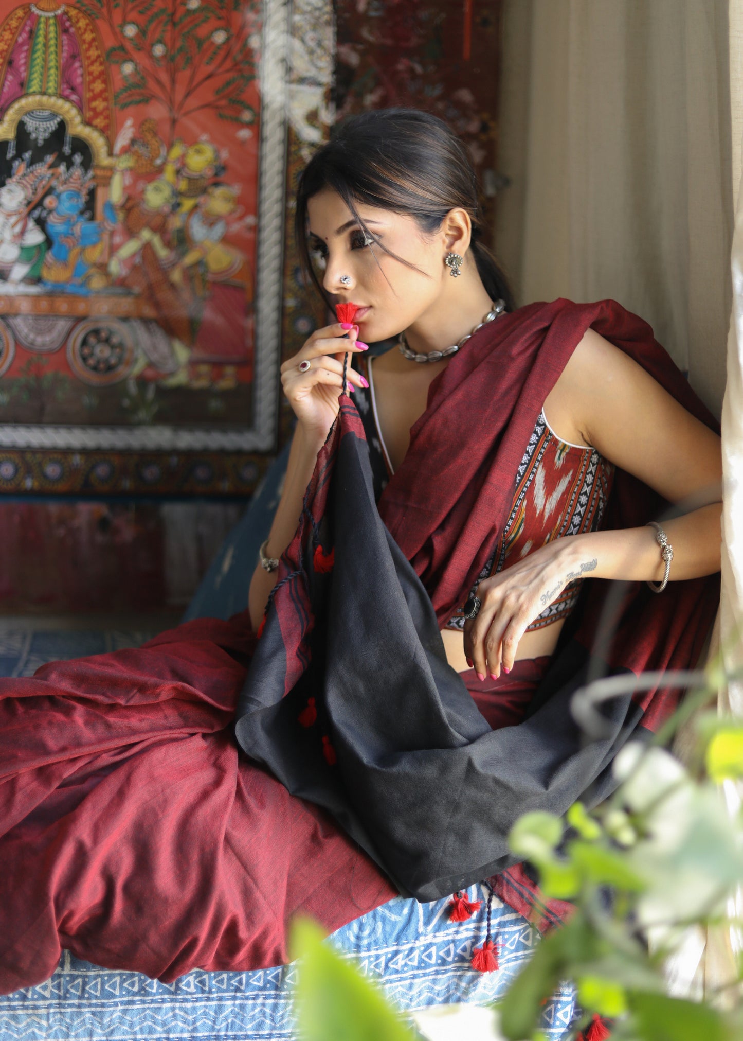 Lightweight maroon & black combination Cotton saree with Ikat blouse