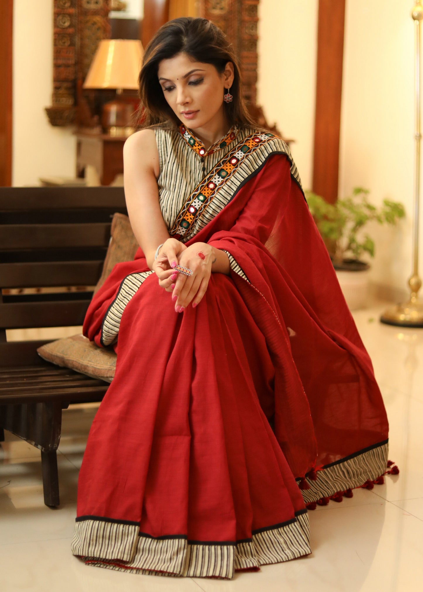 Exclusive maroon Cotton saree with line Ajrakh & mirror work border