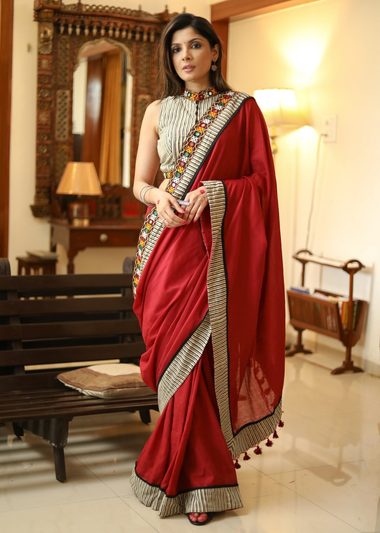 Exclusive maroon Cotton saree with line Ajrakh & mirror work border