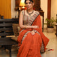 Exquisite rust Cotton plain saree with line Ajrakh border